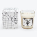 A minimalistic world map box and scented candle collaboration.
