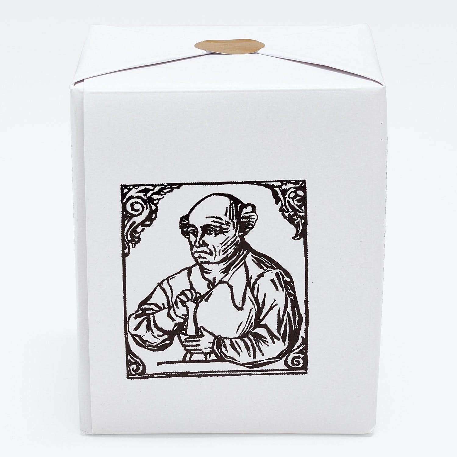 Vintage-inspired box featuring Renaissance-style woodcut print of a scholarly figure.