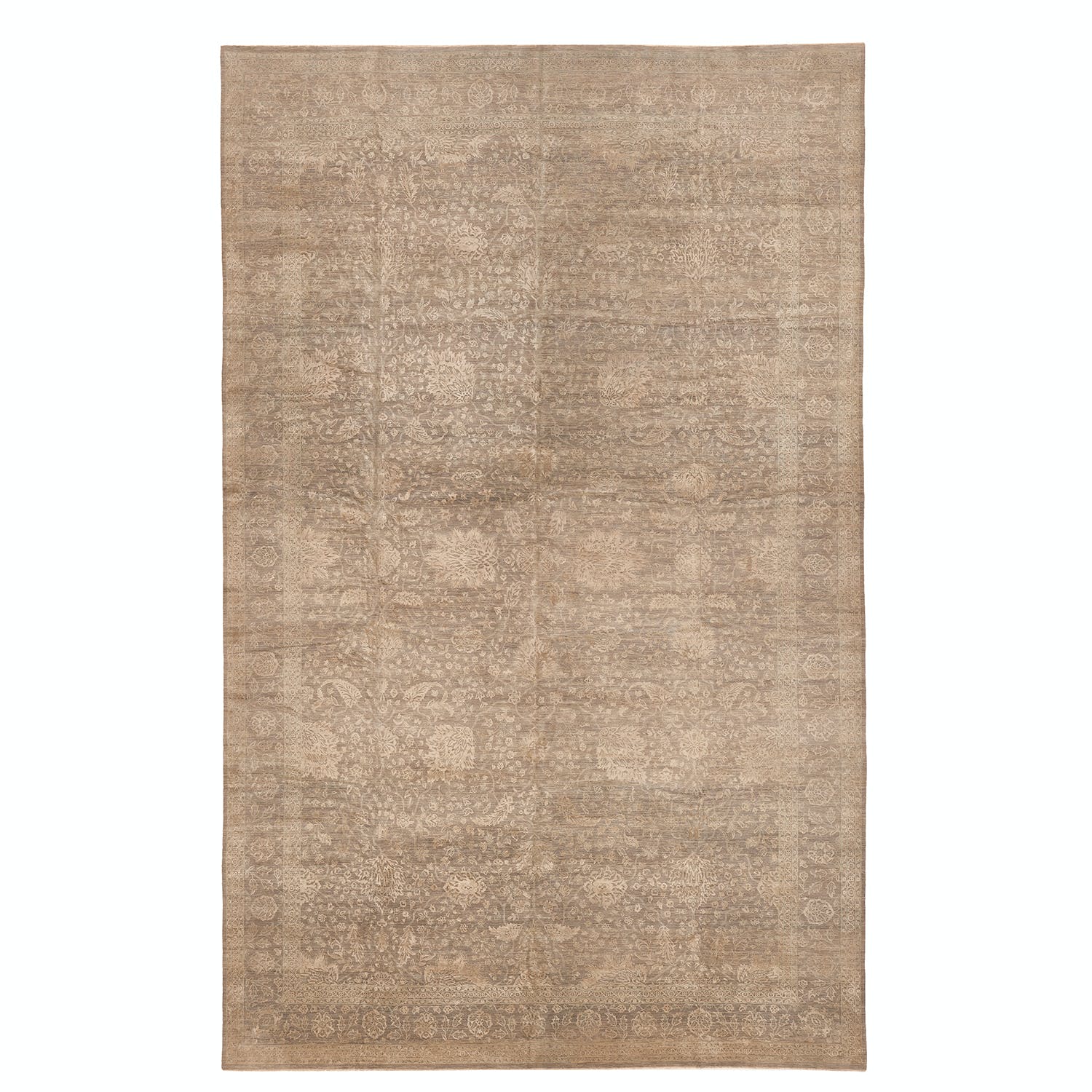 Vintage rectangular rug with distressed appearance and intricate traditional pattern.