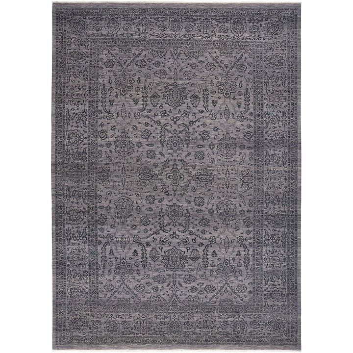 Rectangular area rug with intricate Persian-inspired design in faded gray tones.