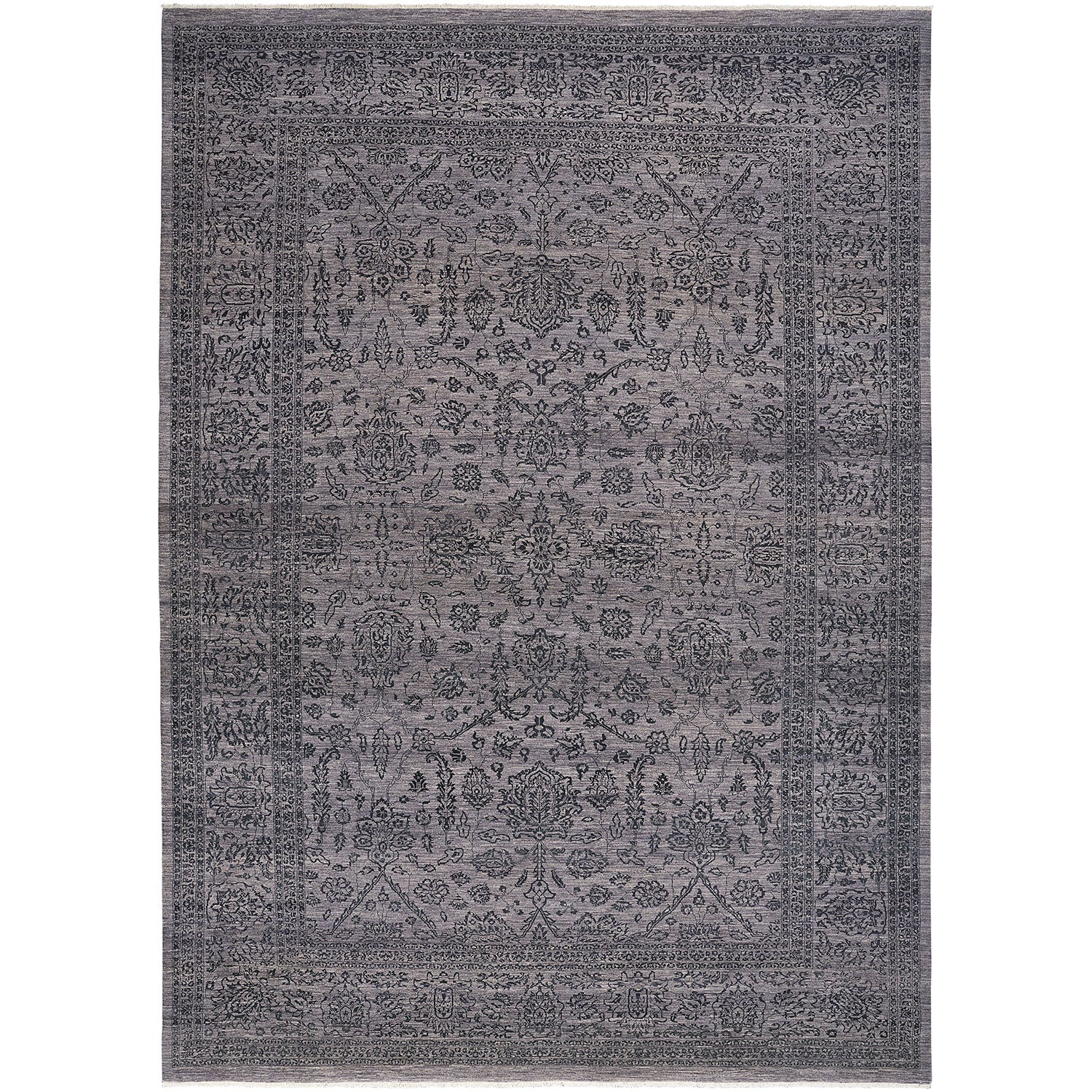 Rectangular area rug with intricate Persian-inspired design in faded gray tones.