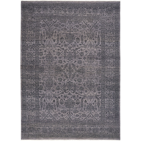 Rectangular area rug with intricate Persian-inspired design in faded gray tones.