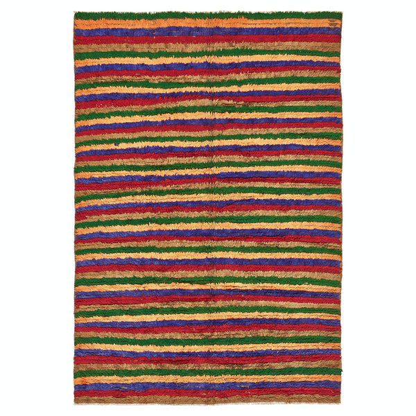 Vibrant, multicolored woven rug showcases traditional craftsmanship and bold patterns.