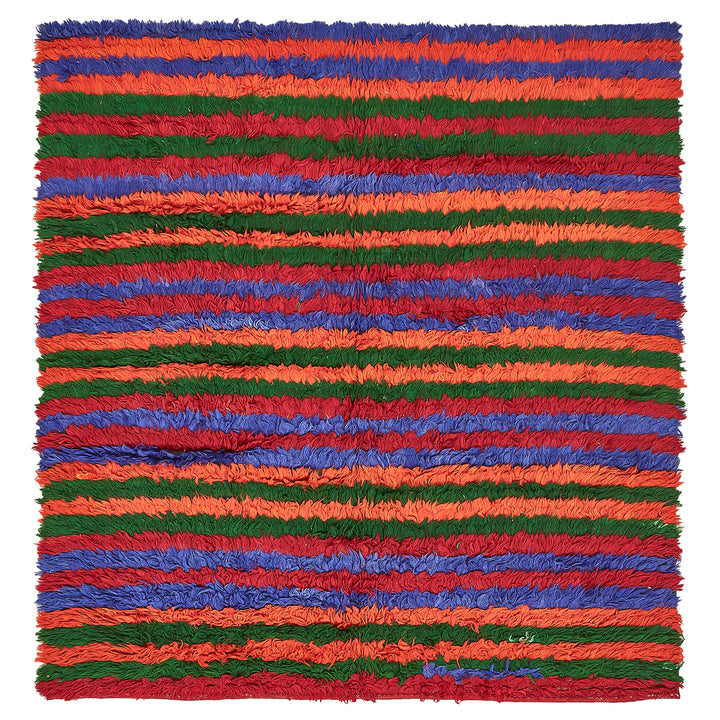 Abstract artwork featuring vibrant, textured stripes in various colors.