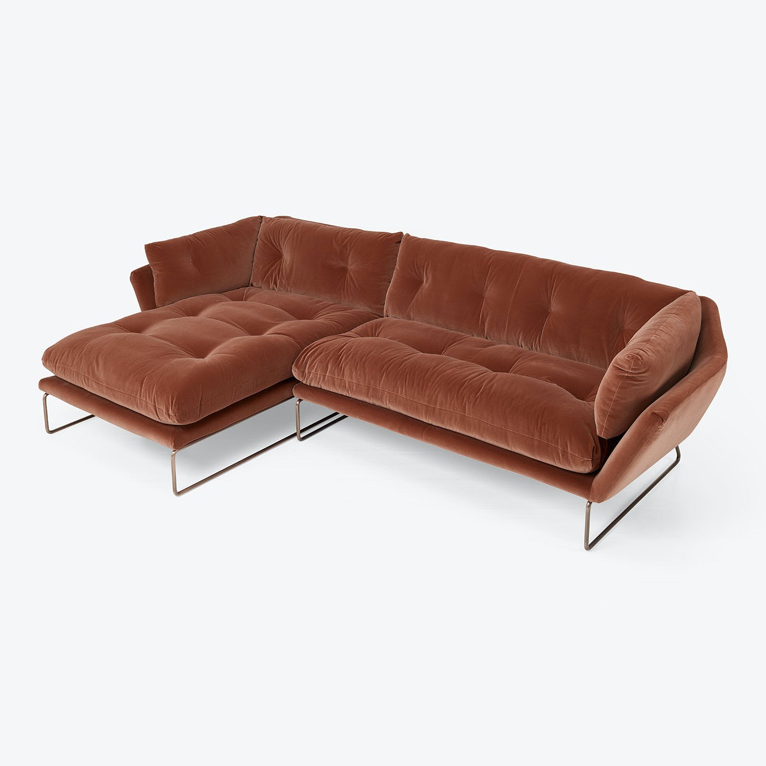 Contemporary sectional sofa with chaise lounge in rich brown fabric.