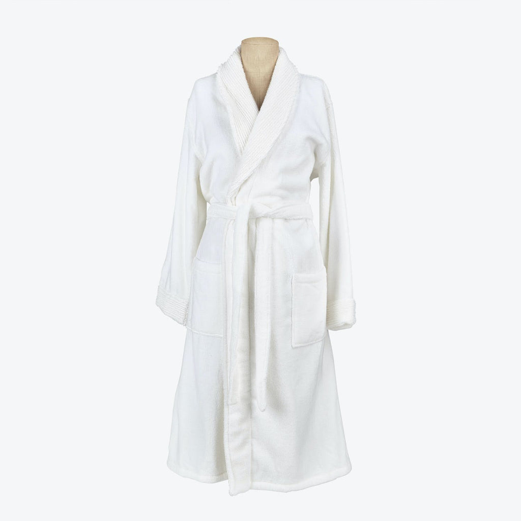 White bathrobe with shawl collar and wrap-around style displayed