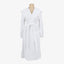 Plush, terry-cloth white bathrobe with long sleeves and waist tie.
