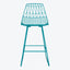 Contemporary teal bar stool with geometric wireframe seat design