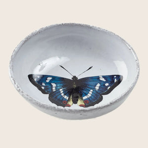 Ceramic bowl with distressed edge showcases vibrant butterfly illustration inside.
