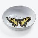 Decorative ceramic bowl featuring a butterfly design on reflective surface.