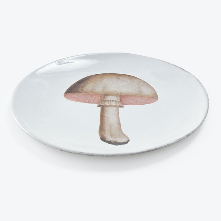A white plate with a realistic mushroom illustration in center.