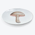 A white plate with a realistic mushroom illustration in center.