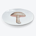 A white plate with a realistic mushroom illustration in center.