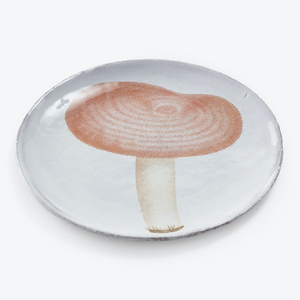 Handmade ceramic plate featuring a minimalist mushroom illustration.