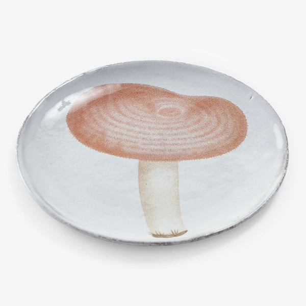 Handmade ceramic plate featuring a minimalist mushroom illustration.