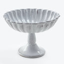 Grey scalloped pedestal bowl with fluted textures on a white background.