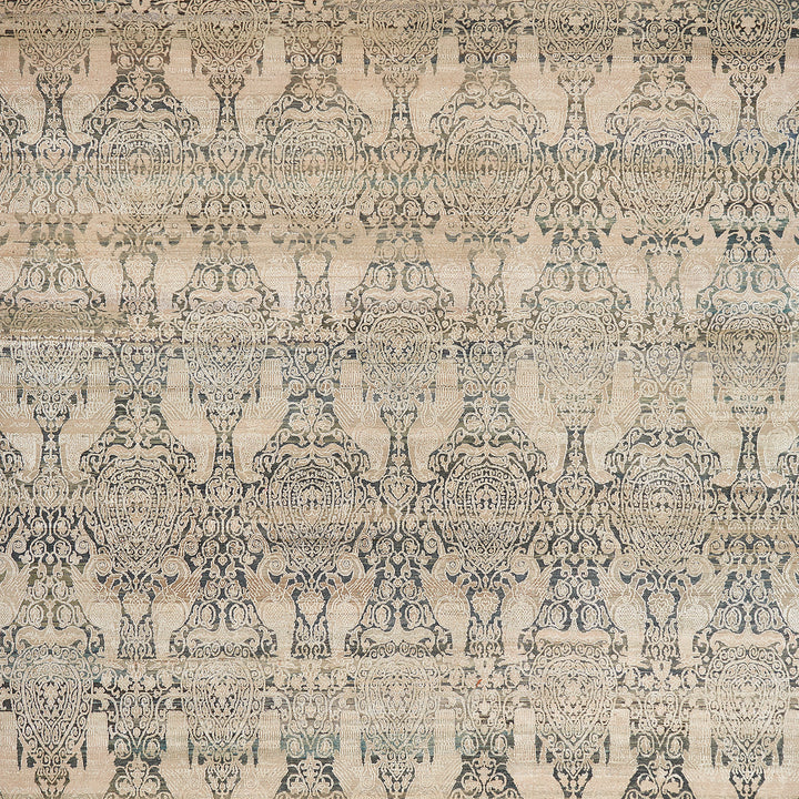 Intricate symmetrical patterned fabric with classical motifs in neutral tones.