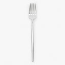 Minimalist silver fork with four tines against white backdrop.