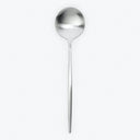 A stainless steel spoon with a sleek, reflective surface.
