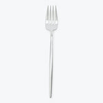 Minimalist stainless steel fork against a plain white background.