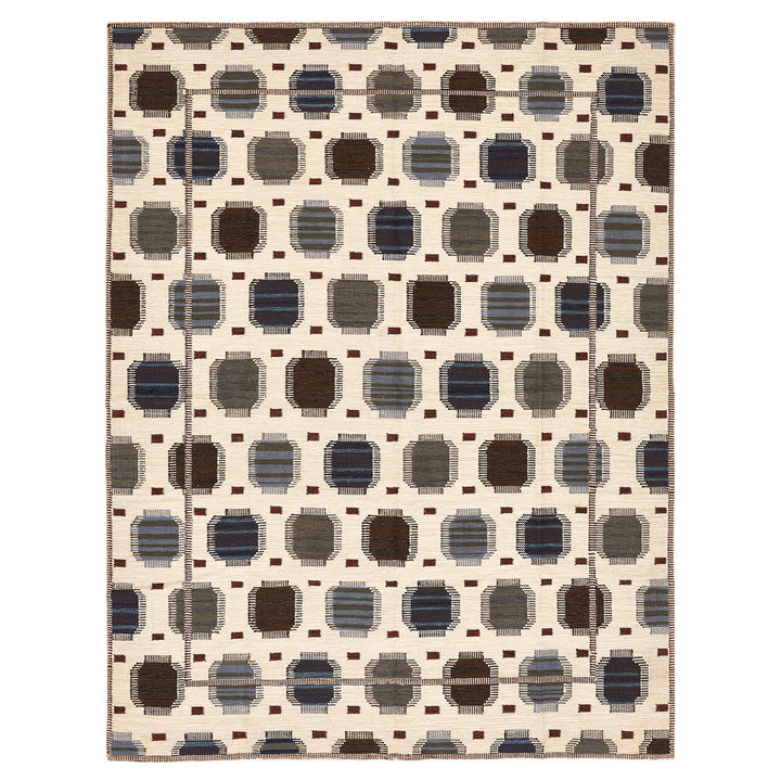 Contemporary rectangular area rug features geometric, abstract design in neutral tones.