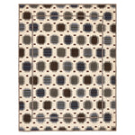 Contemporary rectangular area rug features geometric, abstract design in neutral tones.