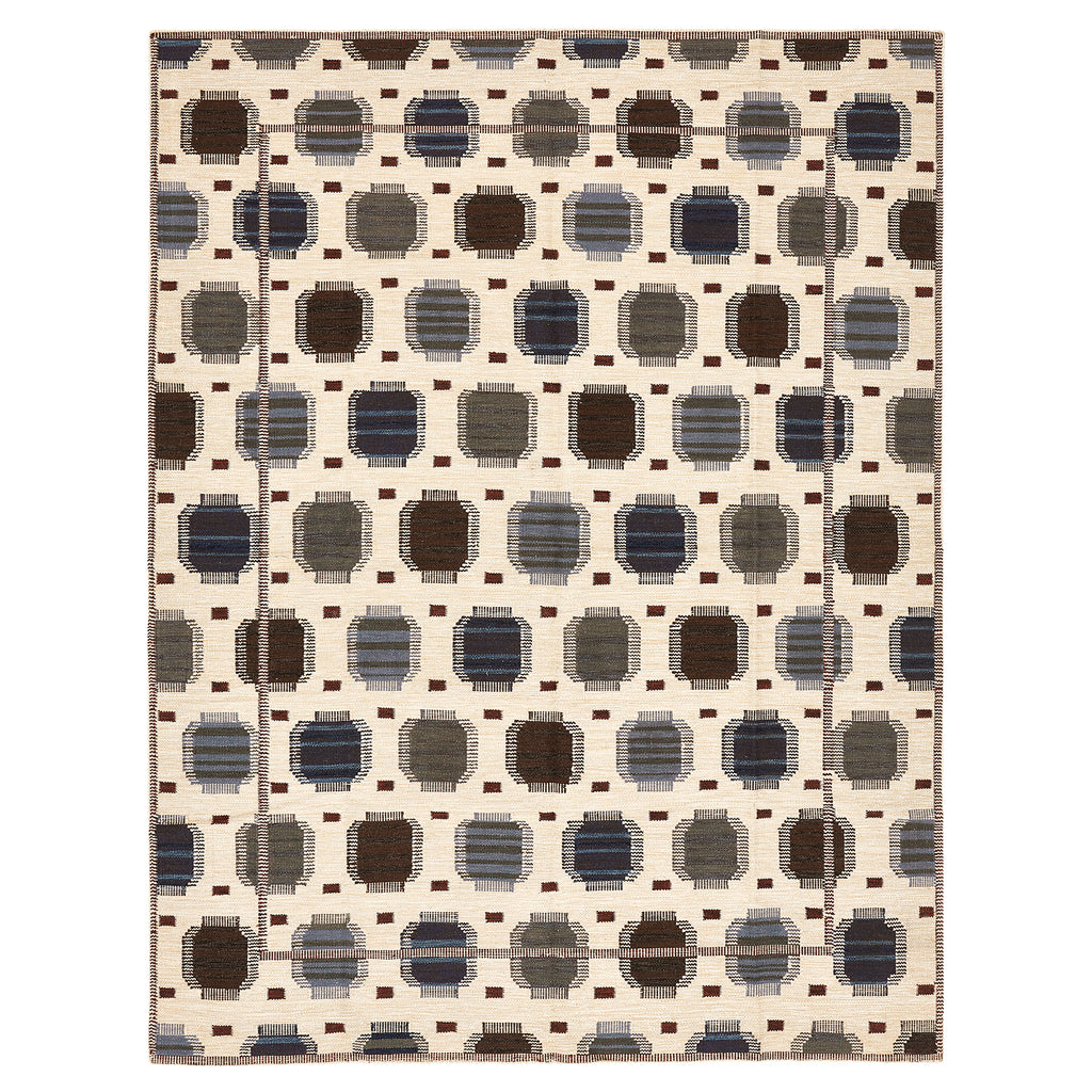 Contemporary rectangular area rug features geometric, abstract design in neutral tones.