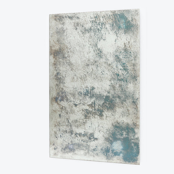 Abstract distressed canvas with weathered design evoking corroded metal surface.
