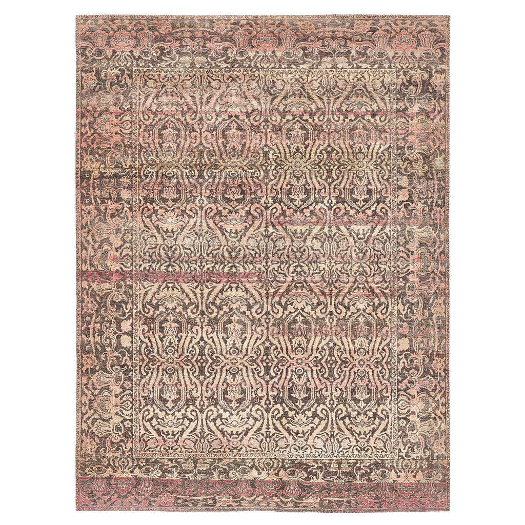 Intricate and symmetrical rug with ornate patterns in pink, cream, and charcoal.
