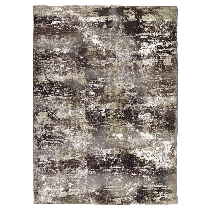 Abstract-designed rug with distressed textures in earthy tones for modern interiors.