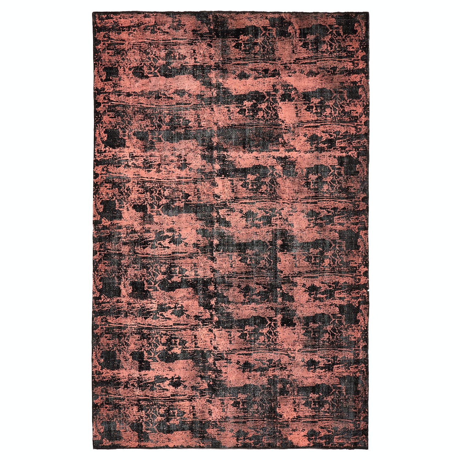 Rectangular rug with distressed texture and abstract black markings.