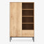 Modern wooden cupboard with warm finish, open shelving and sleek design