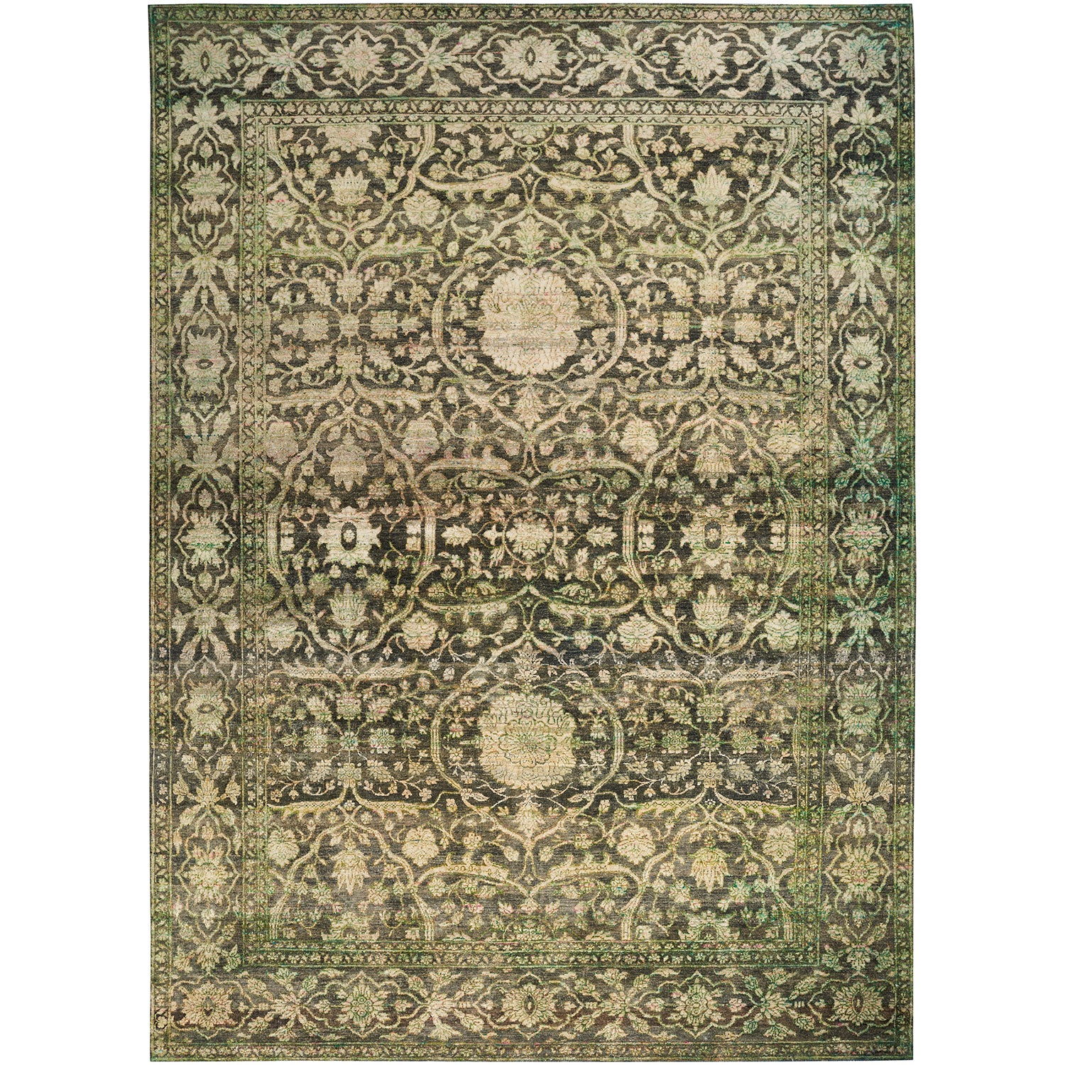 Exquisite Persian-inspired rug showcases intricate floral motifs and elaborate borders.