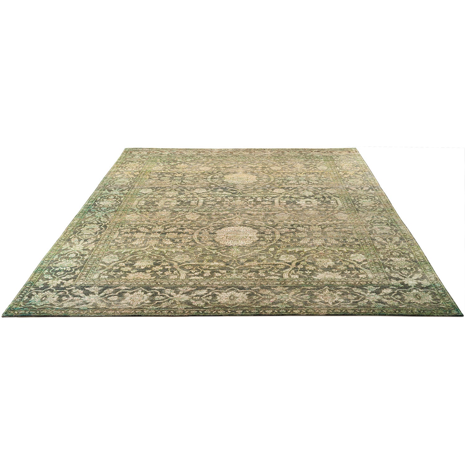 Intricate vintage rectangular rug with symmetrical traditional design and muted colors.
