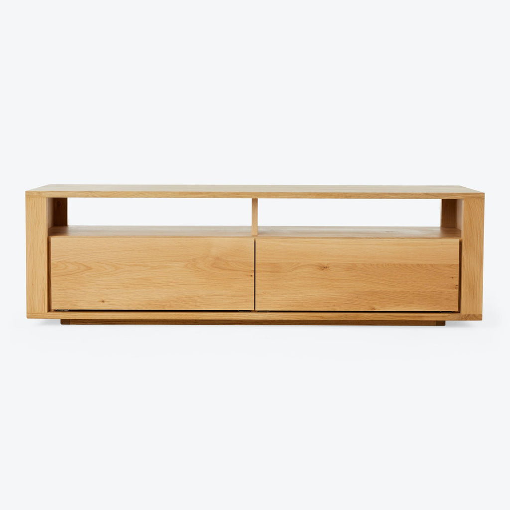 Modern wooden TV stand with minimalist design and concealed storage.