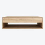 Modern wooden coffee table with storage shelf and sleek design.