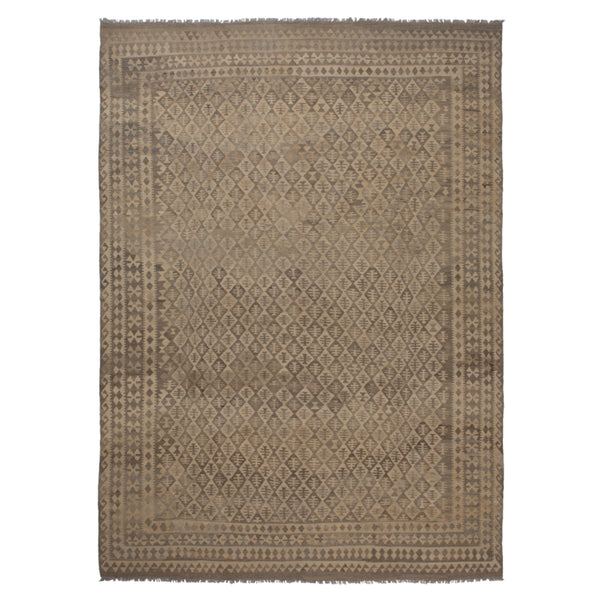 Symmetrical geometric-patterned rug with muted earth tones and fringed edges.