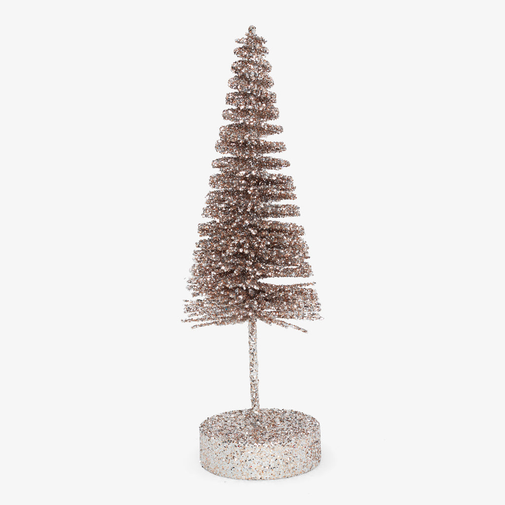 Glittery artificial tree in bronze sparkles with festive holiday charm.