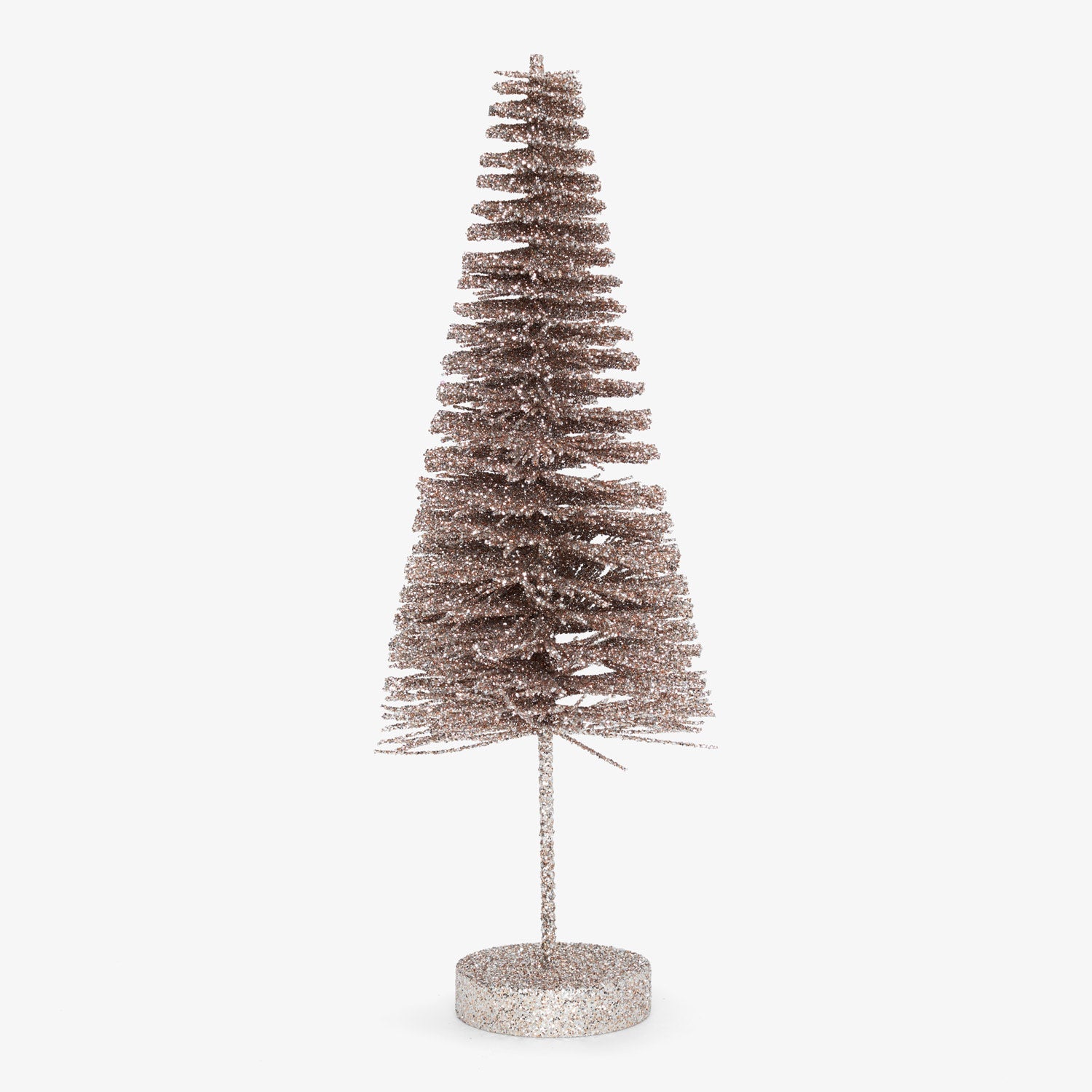 Sparkly Christmas tree decoration with glittery finish on white background.