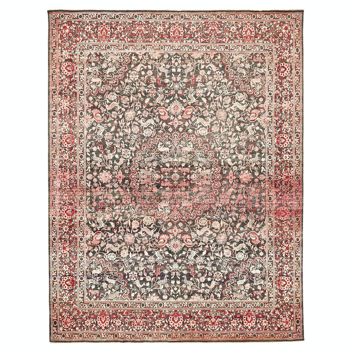 Intricate Oriental rug with floral and geometric motifs in rich colors.