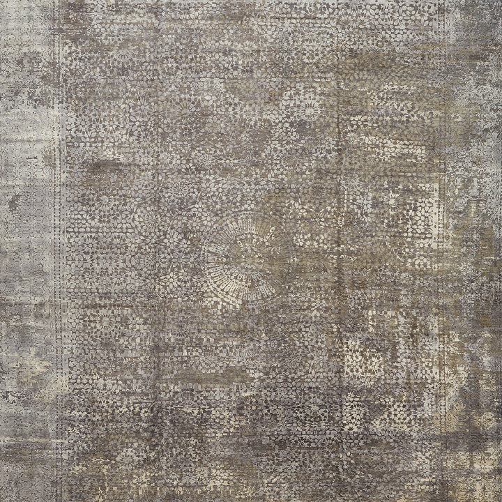 Faded vintage-inspired pattern with neutral tones, reminiscent of ornamental rugs.