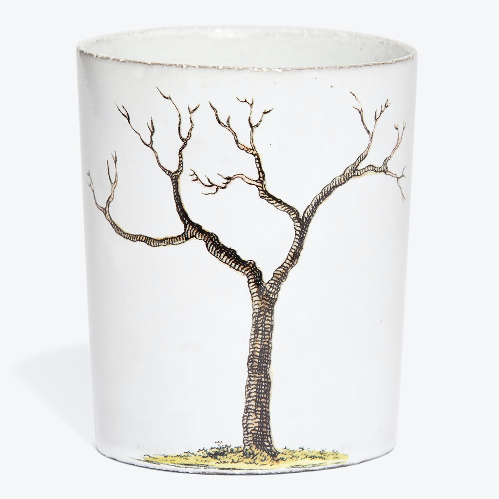 Delicately illustrated tree adorns cylindrical ceramic container with textured surface.