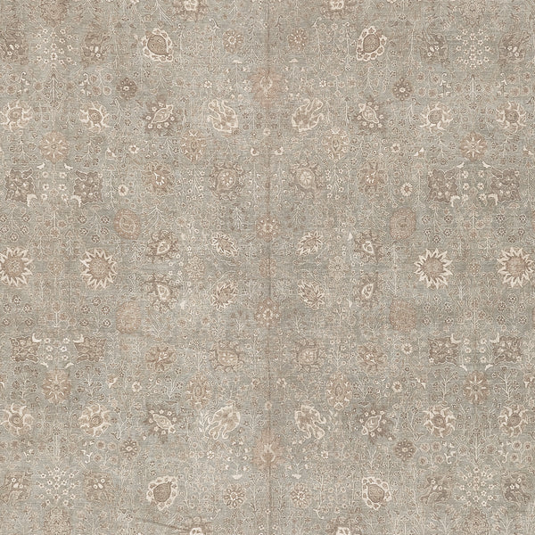 Elaborate symmetrical textile pattern with vintage floral motifs and muted colors.