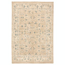 Neutral rectangular area rug with floral motifs in light blue
