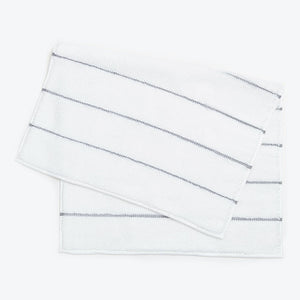White terrycloth hand towels with textured stripes and metallic accents.