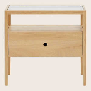 Modern wooden nightstand with clean lines and minimalist design.