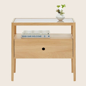 Modern wooden nightstand with clean lines and minimalist design. - hover