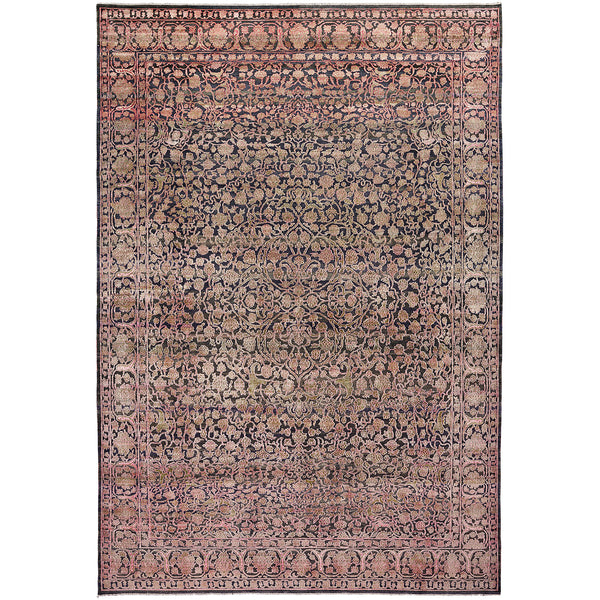 Exquisite traditional Oriental rug with intricate patterns, muted earth tones.