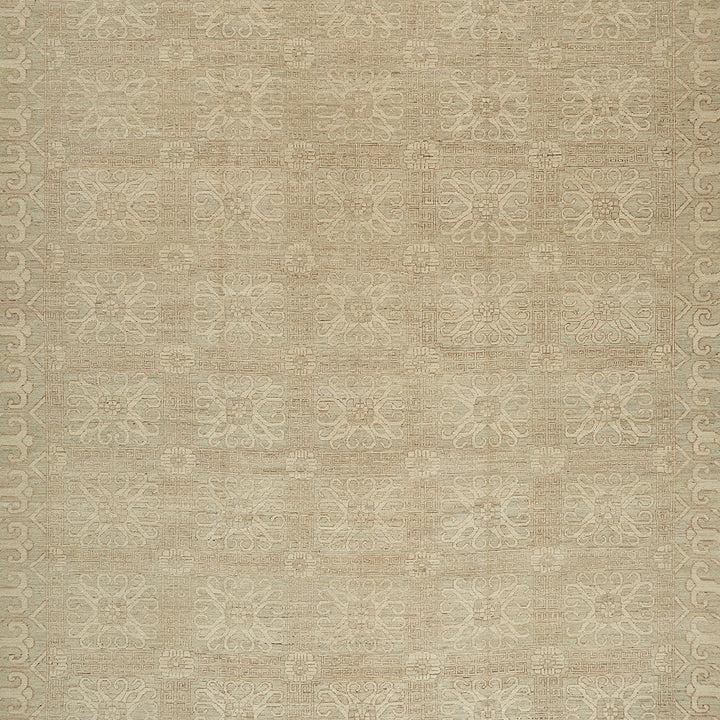 Elegant textile carpet with repetitive floral motifs and symmetrical design.