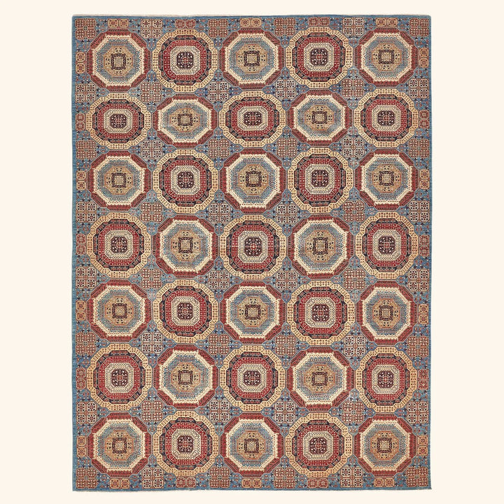 Exquisite Oriental rug showcases intricate geometric patterns in harmonious colors.